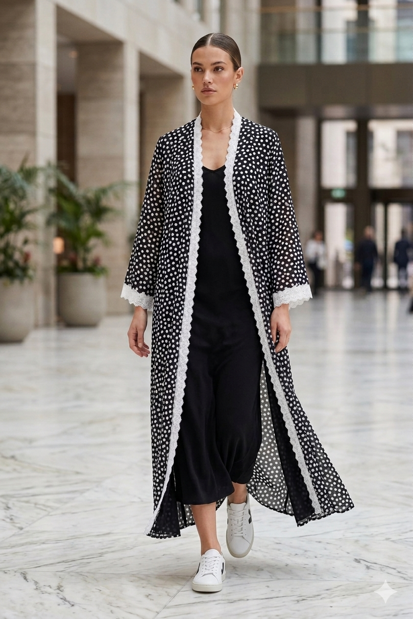 Noir polka lace abaya with Sheila