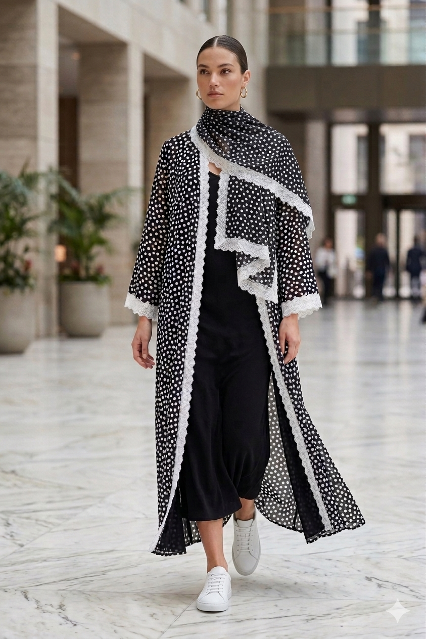 Noir polka lace abaya with Sheila