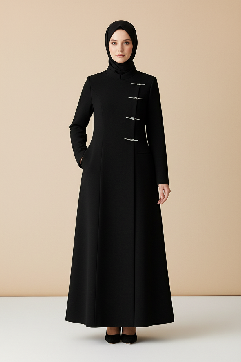 Tailored silver buckle abaya